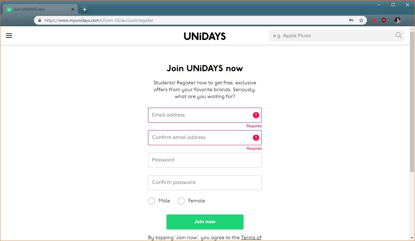 Unidays account creation