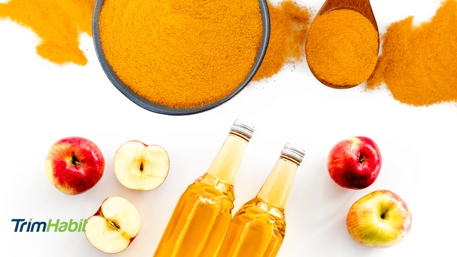 Arrangement of turmeric powder, apples and apple cider vinegar bottles on a white background, highlighting natural ingredient combination