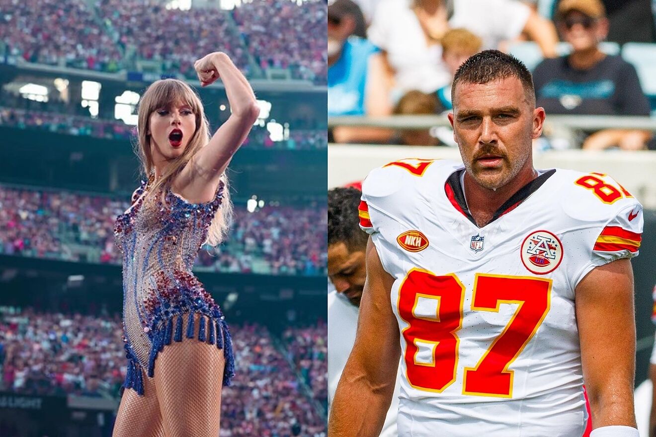 travis kelce looks up at taylor swift