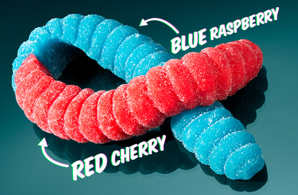 red and blue gummy worms