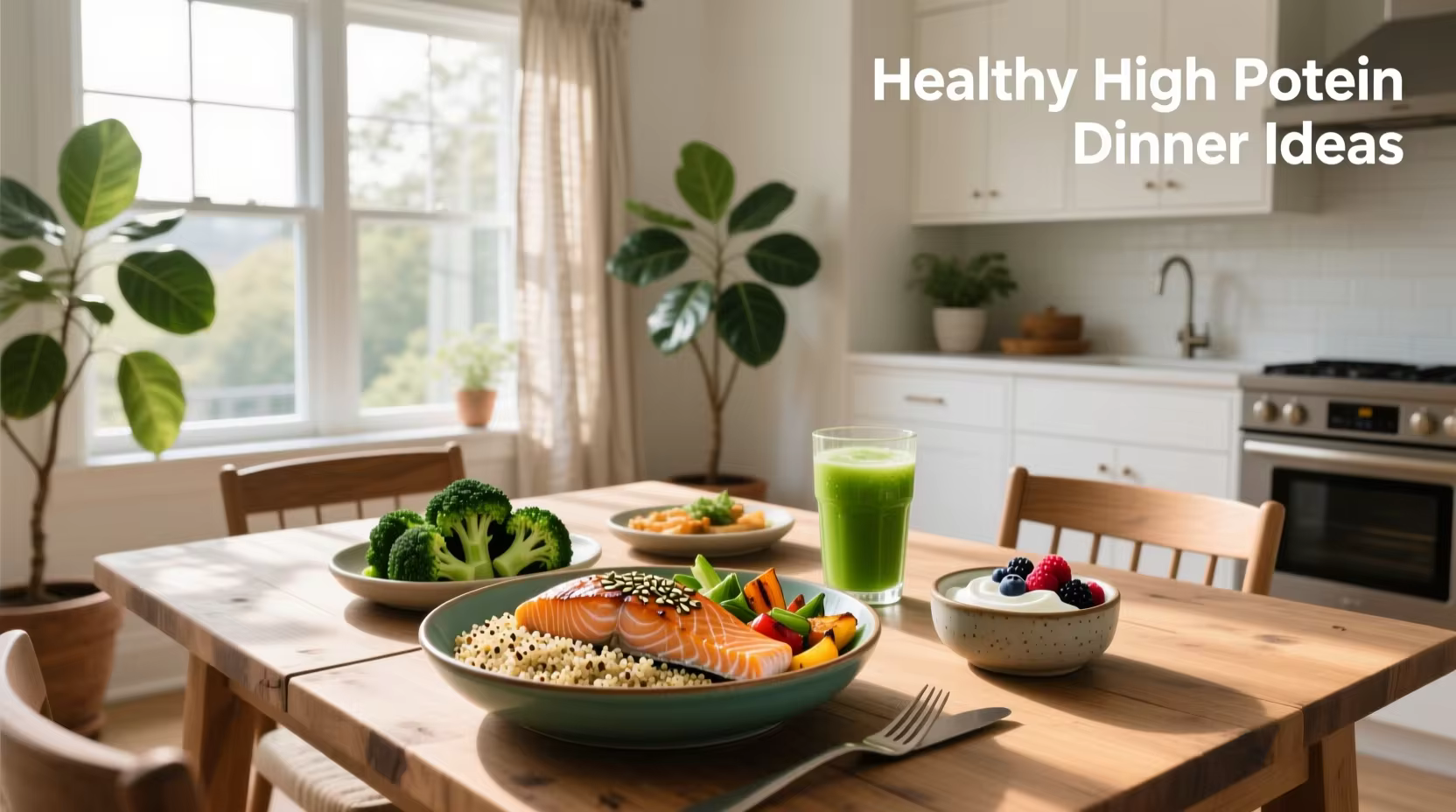 High-protein dinner table with fish, vegetables, and salad shared among friends
