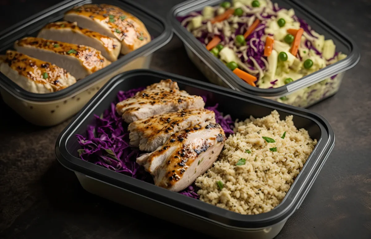 Meal-prepped high-protein lunches in glass containers on a counter