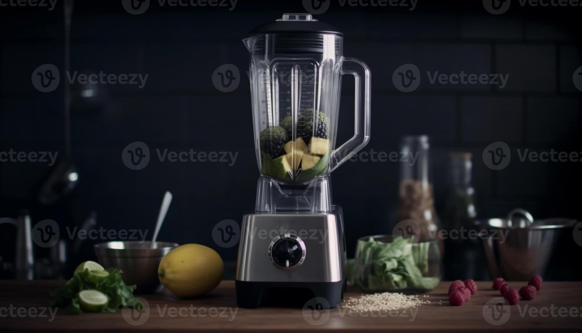 A cozy kitchen counter with fresh fruits, greens, and a blender ready for a smoothie