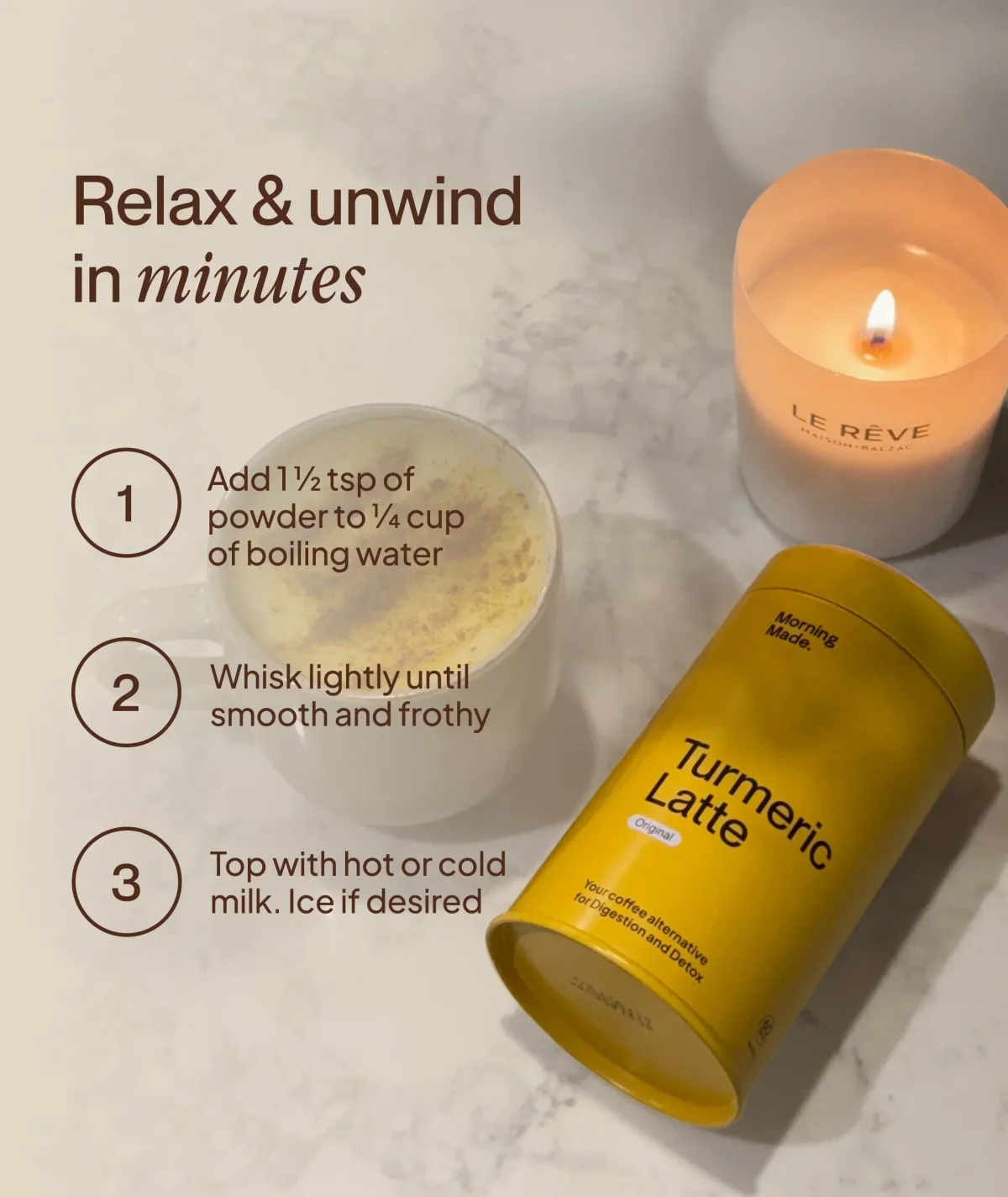 A warm mug of turmeric coffee on a kitchen counter during a quiet morning routine