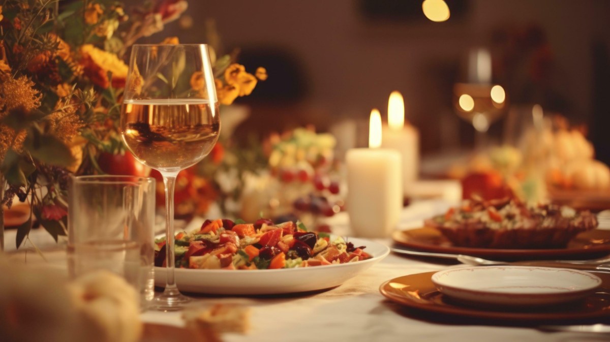 A calm dinner table with a high-protein meal and a glass of water, symbolizing balance