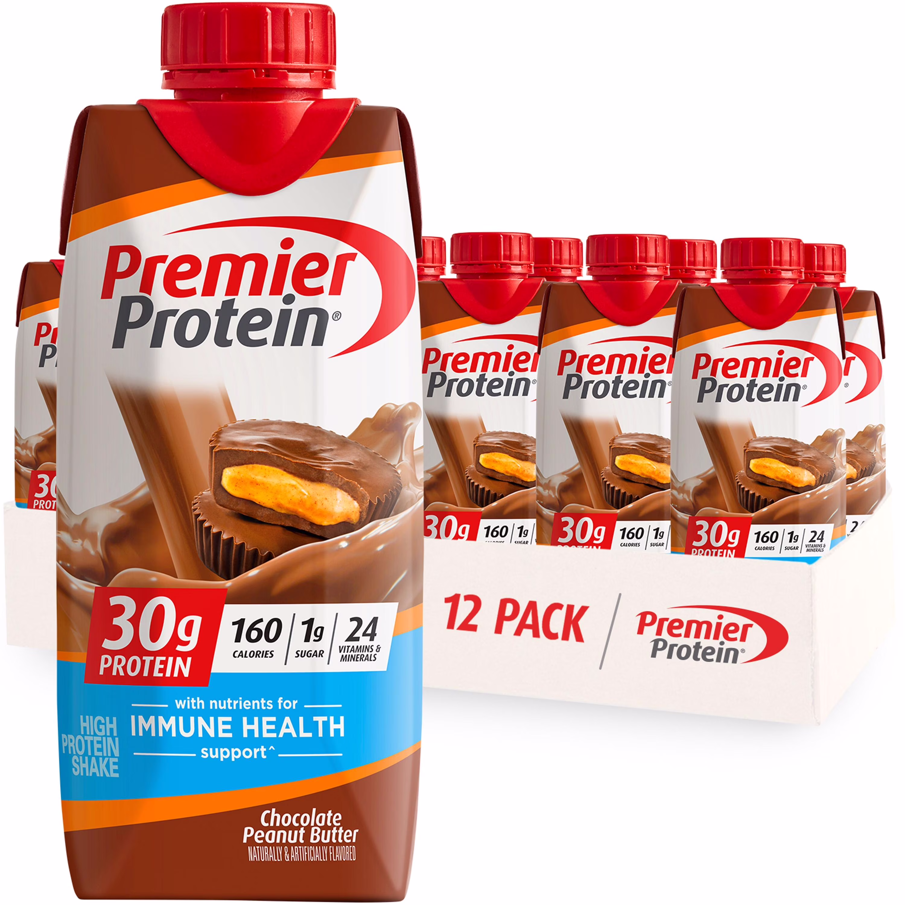 Protein shake on an office desk next to a laptop, showing a realistic workday snack