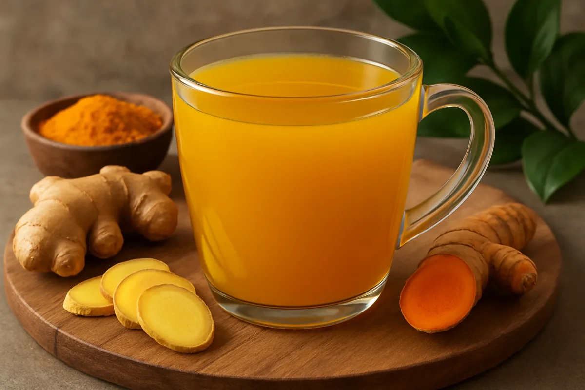 A person sipping turmeric tea while working at a desk