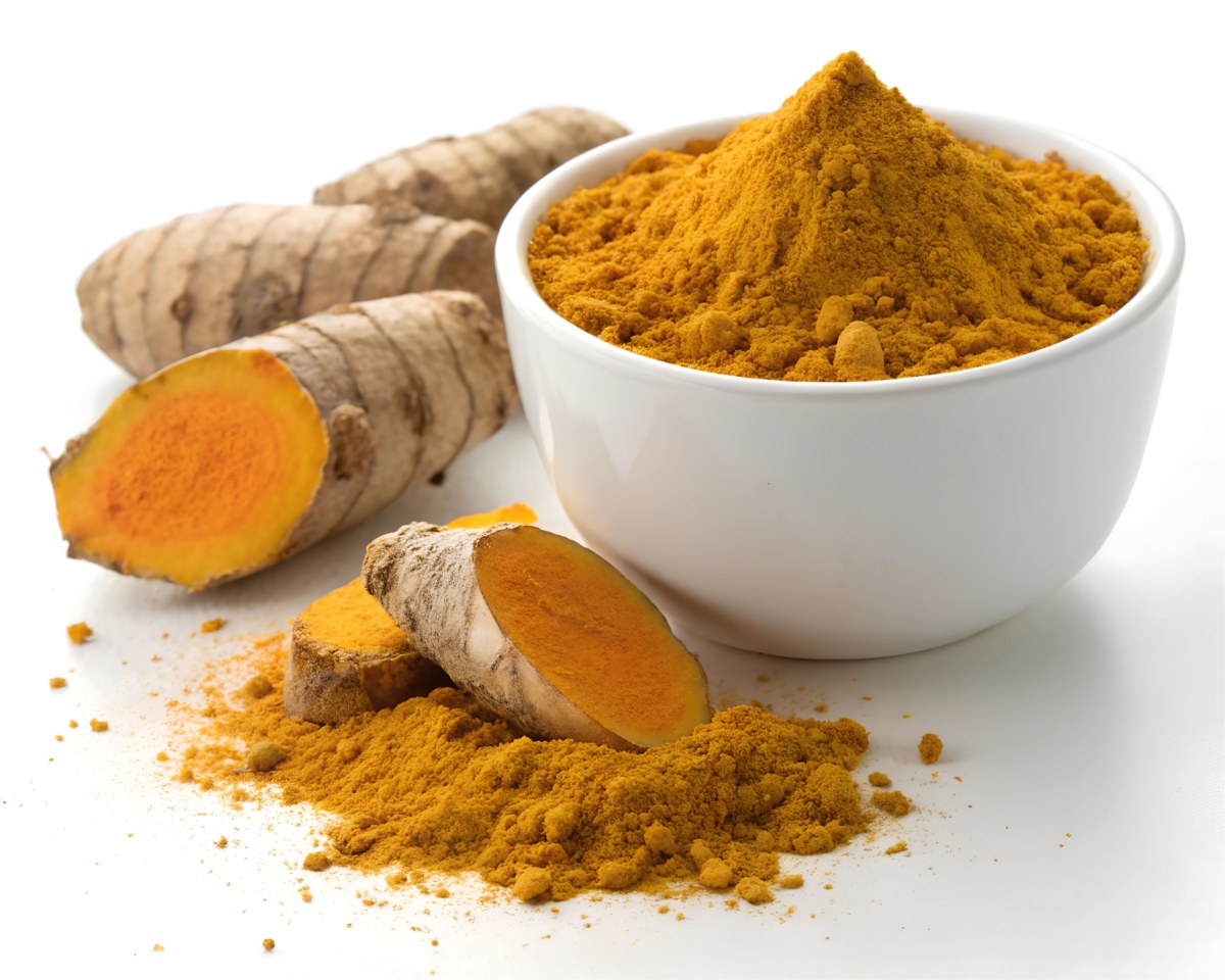 Turmeric, lemon, ginger, and black pepper arranged on a cutting board