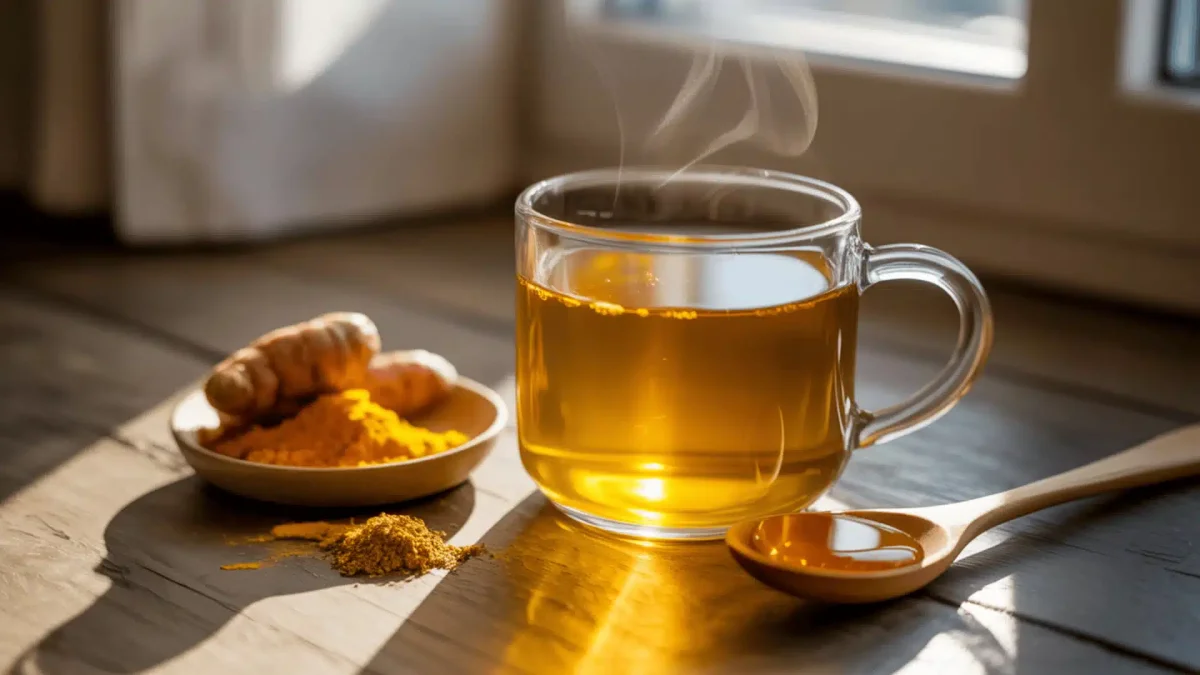 A warm mug of turmeric tea on a wooden table, used as a nighttime ritual